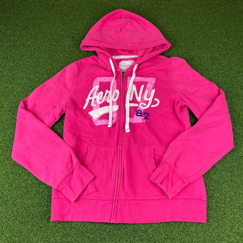 Aeropostale Pink Zip Hoodie Logo Graphic Y2K Fleece Sweatshirt Womens L Large